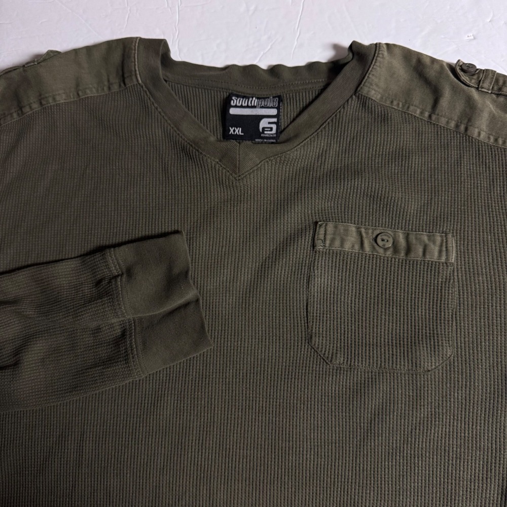 Southpole XXL Mens Olive Green V Neck Long Sleeve Waffle Knit T Shirt‎ Top